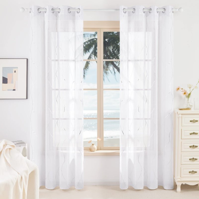 Deconovo Semi Sheer Curtains 2 Panels, 52W x 95L Inch Each, Grommet Top Voile, Light-Filtering Day Privacy, Silver Wave Foil Pattern, Living Room/Bedroom Window Drapes, Easy Hang - Image 2